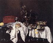 HEDA, Willem Claesz. Still-Life with Pie, Silver Ewer and Crab sg oil painting on canvas